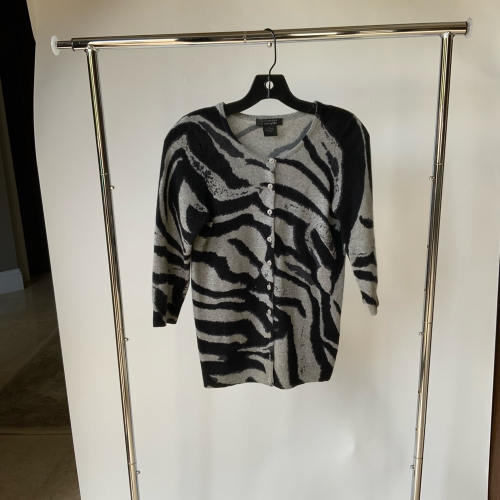 Bloomingdale’s zebra print cashmere cardigan